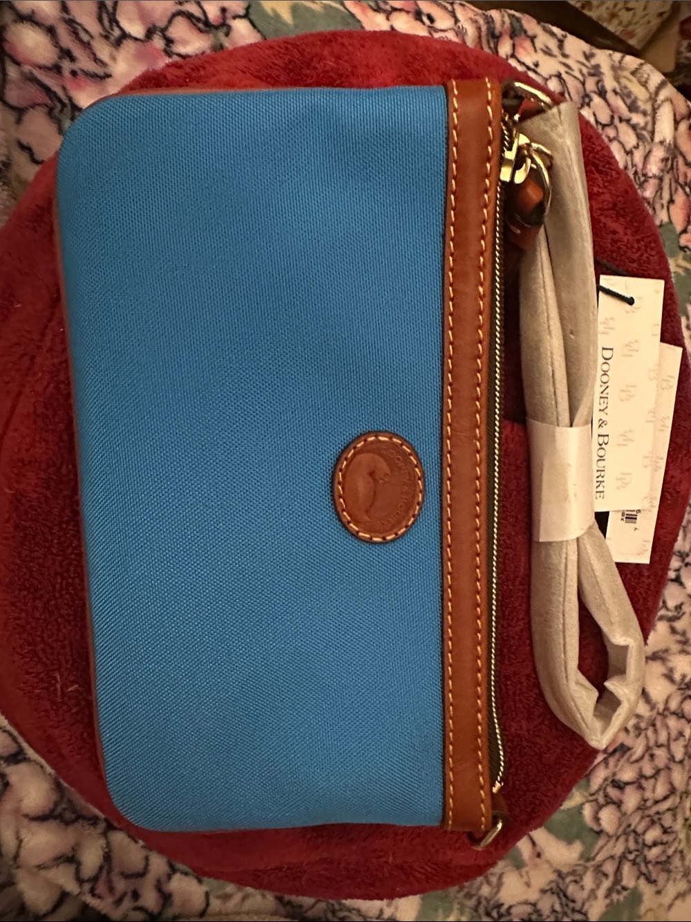 Dooney & Bourke Bright Blue Canvas Wristlet with Tan Trim NEW